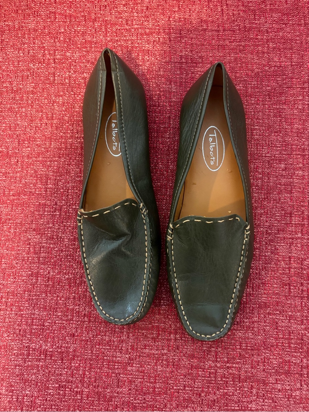 Talbots Dark GreenLeather Slip-On Loafers with Contrast Stitching